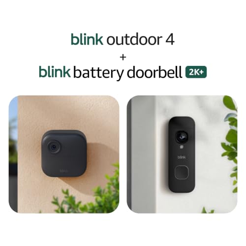 Blink Outdoor 4 and Battery Doorbell 2K+ (newest model) — Two-year battery 1080p cameras and 2K battery doorbell. Sync Module Core included — 5 Cameras + Doorbell (Black)
