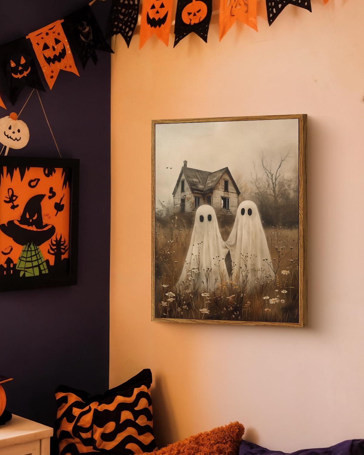 Vintage Halloween 12x16 Framed Canvas Wall Art, Rustic Cute Ghost Couple Haunted House Print, Country Spooky Holding Hands Ghosts Artwork, Creepy Farmhouse Autumn Fall Entryway Decor