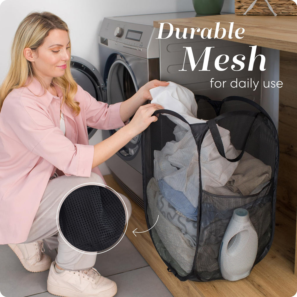 Handy Laundry Mesh Pop-Up Hamper Collapsible with Side Pocket 2-Pack | Breathable foldable design saves space; wide opening makes loading easy. Sturdy build stores clothes neatly. Black.