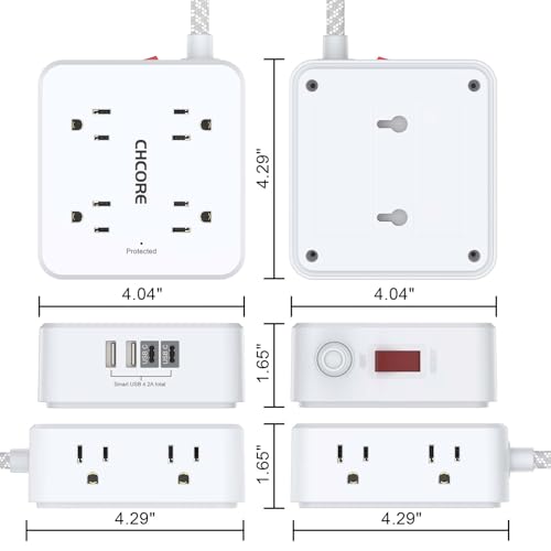Surge Protector Power Strip - CHCORE 5Ft Braided Extension Cord with 8 Outlets with 4 USB (2 USB C) Charging Ports, Flat Plug Multi Plug Outlet Extender Charging Station for Home Office, ETL, White