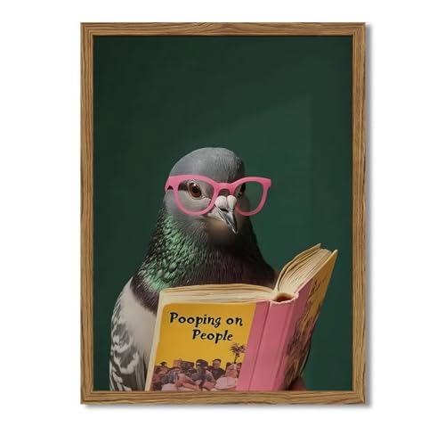 Framed Funny Pigeon Wall Art, Humorous Bird Reading Wall Decor Paintings, Pooping on People Book Pictures Canvas Print Eclectic Home Decor for Bathroom Living Room Office Dorm 12x16 inch