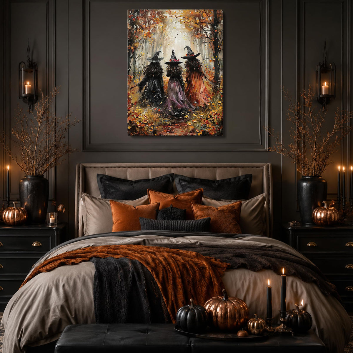karani Halloween Canvas Wall Art, Vintage Three Witches Halloween Pictures | Gothic Halloween Wall Decor for Living Room Bedroom Office, Ready to Hang Fall Halloween Decorations 8x10