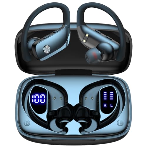 bmani Ear Buds Wireless Earbuds Bluetooth Headphones with 80H Playtime LED Display Case, Over-Ear Hook with Mic, Stereo Sound, Easy Button Controls, Sports Earphones for Running Workout Gym Black