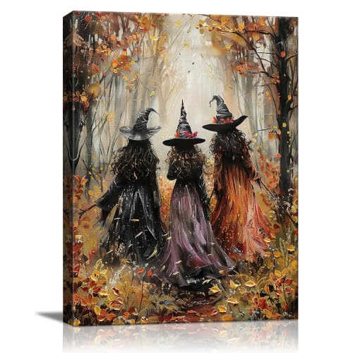 karani Halloween Canvas Wall Art, Vintage Three Witches Halloween Pictures | Gothic Halloween Wall Decor for Living Room Bedroom Office, Ready to Hang Fall Halloween Decorations 8x10