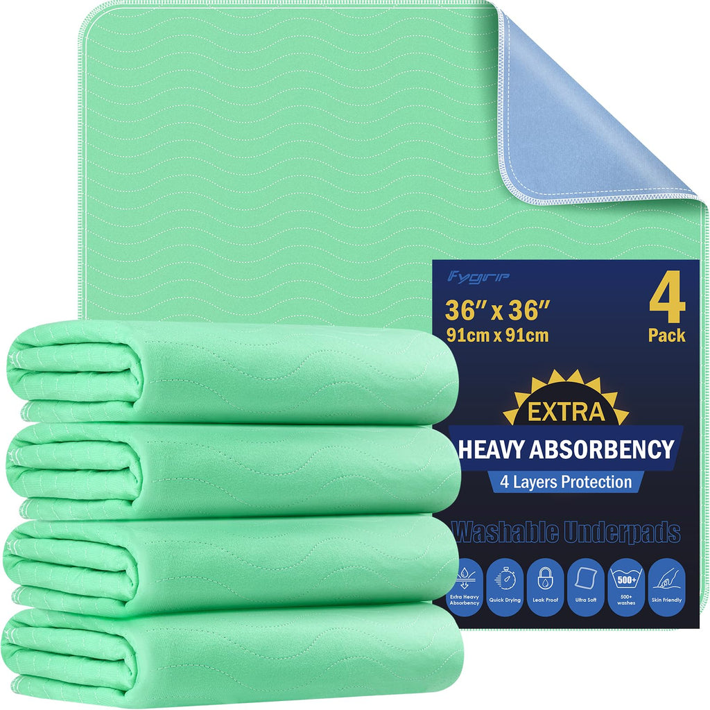 Fygrip 4 Pack 36” x 36” Extra Heavy Absorbency Washable Underpads Bed Pads | WaterProof Quick Drying Nursing Pads Incontinence, Reusable Washable Pee Pads for Dogs, Diaper Changing & Adults