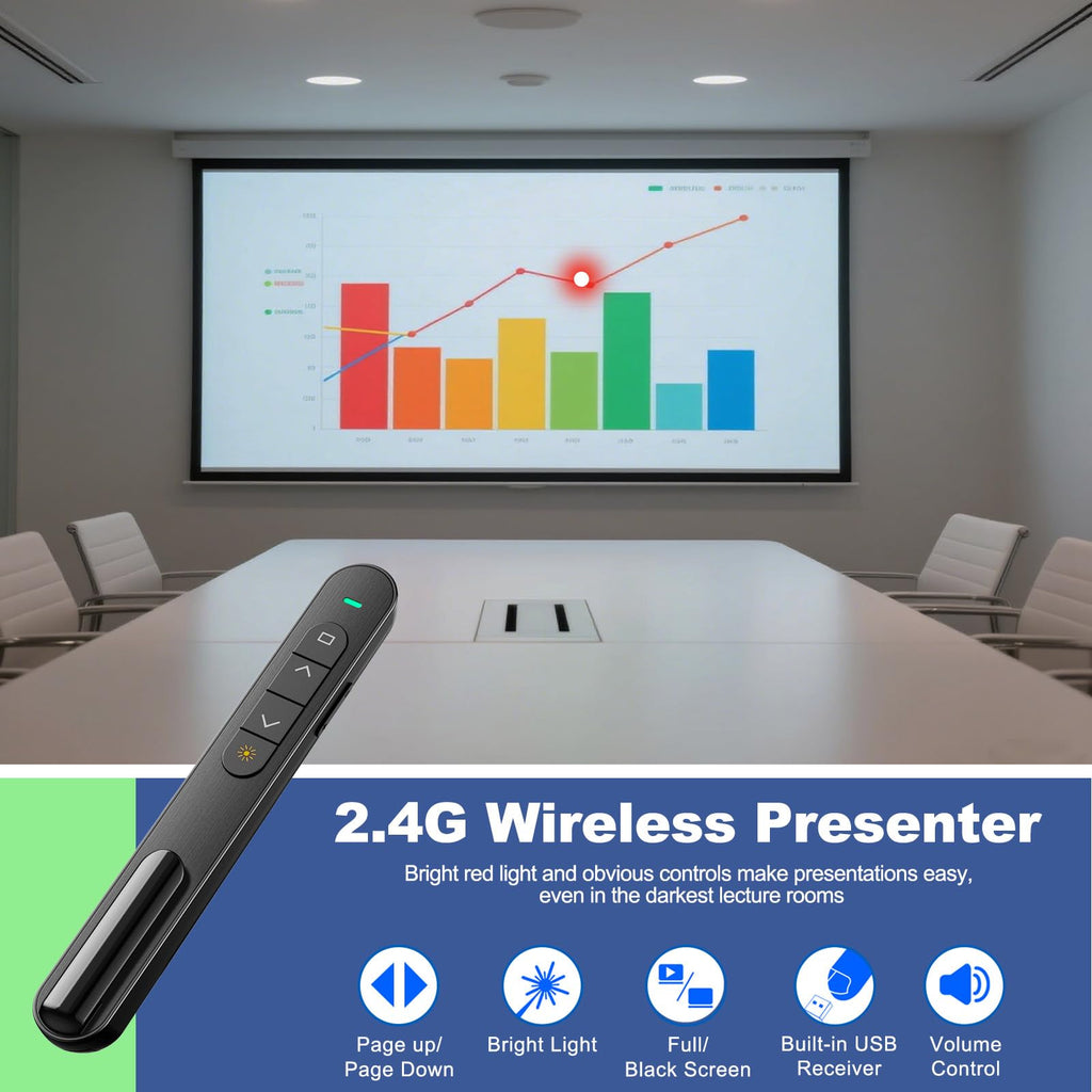 QUI Presentation Clicker with Volume Control, Wireless Presenter Remote | Plug & Play 2.4GHz USB Slide Advancer Compatible with Mac/Windows, Works with PowerPoint, Keynote, and Google Slides
