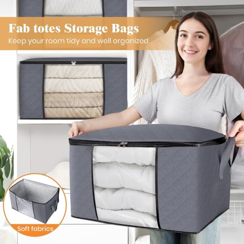 Fab totes 6 Pack Storage Bags for Clothes Blanket Storage Bins with Lids | Foldable Closet Organizers with Zippers,Window and Handles,Fabric Storage Bins for Sweater,Comforter,Bedding,Dorm essentials