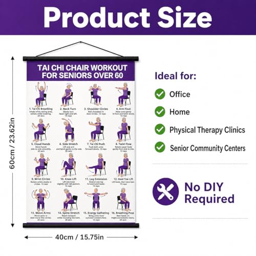 Tai Chi Chair Workout Chart, Chair Tai Chi for Seniors Poster, 16 x 24 Inch | Seated Tai Chi for Beginners: 16 Illustrated Chair Exercises for Balance, Flexibility and Mobility, Easy to Roll Up and Store