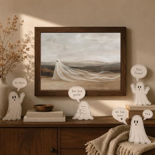 YPDQJW Vintage Ghost Wall Art, Framed Halloween Landscape Print,10x8 in | Cute ghost picture over hills in neutral earth tones, Moody rustic wall decor for living room, bedroom, hallway or entryway.