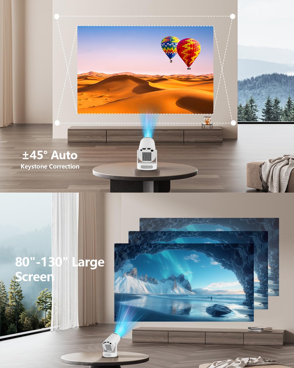 Mini Projector with WiFi 6 and Bluetooth 5.4, Portable Projector 4K Support, 180 ANSI, 5W Soundbase Speaker, Auto Vertical Keystone 210°Rotatable Smart Proyector for Movie Home Outdoor