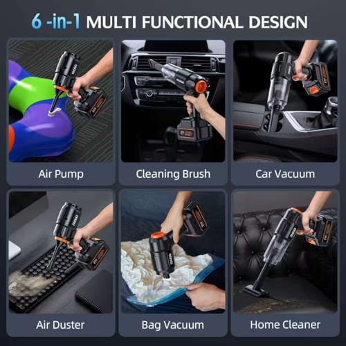 Car Vacuum Portable Cordless, 50000Pa High Power Brushless Motor, Rechargeable Handheld Vacuum with 2 Batteries & Charger, 6-in-1 Vacuum Cleaners for Home, Pet Hair & Keyboard, Ink Black