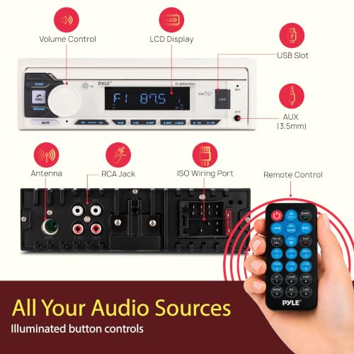 Pyle Marine Radio Single DIN Receiver – Bluetooth Wireless Streaming, AM/FM Tuner, USB/AUX MP3 Playback, Hands-Free Calling, Remote Control, RGB Buttons, Splash-Resistant Stereo Upgrade