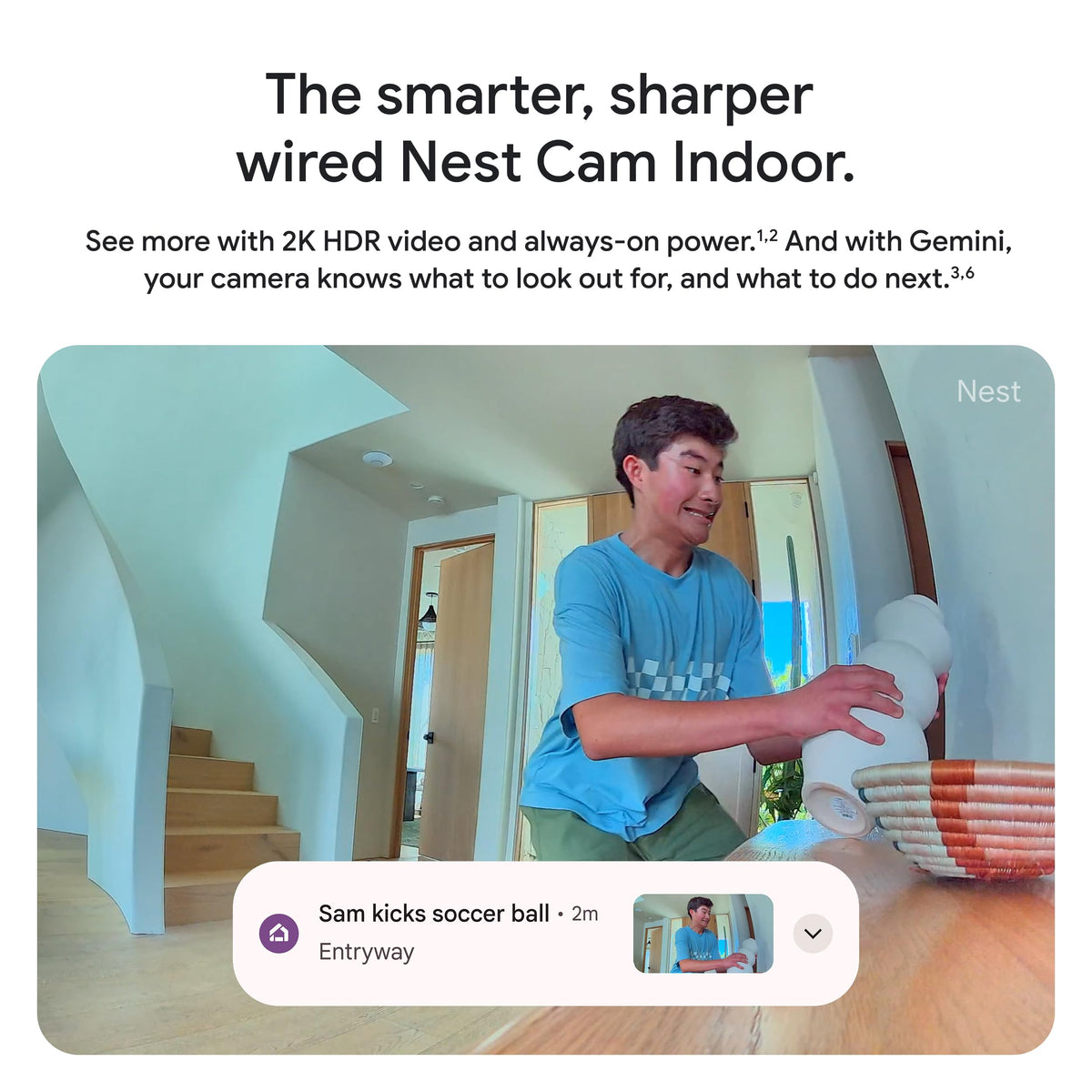 Google Nest Cam Indoor (Wired, 3rd Gen) - Security Camera - 2025 - Snow | 2K video, motion detection, color night vision, 2-way audio, works with Google Home and Gemini, intelligent alerts