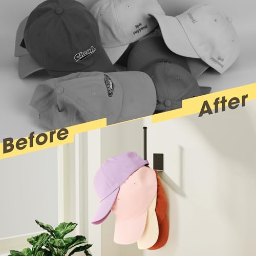 Durmmur Stainless Steel Hat Organizer, Hat Rack for Wall,Each Holds 15 Hats | 2P Strong Adhesive/Wall Drilled Hat Holder, Hat Hooks, Hat Hanger Baseball Cap Organizer for Door,Bedroom,Closet(Black 6 in)