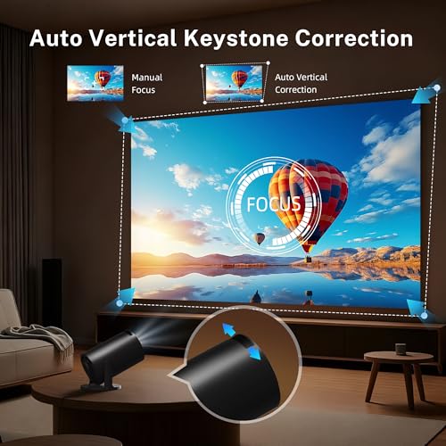 [Built-in Apps] Mini Projector 4K Supported, Android TV OS & Phone Remote | Projector with WiFi 6 & Bluetooth 5.4, Short Throw, Auto Keystone and 180° Rotation for Bedroom, Home Cinema and Outdoor Use