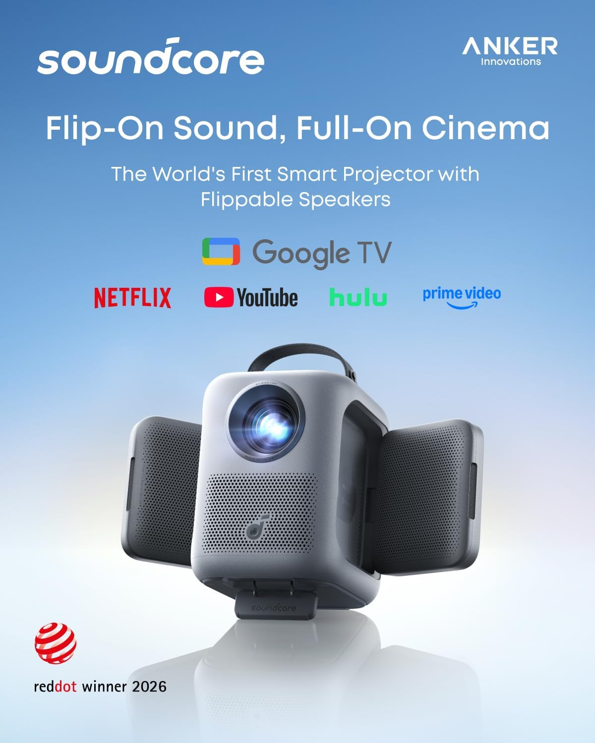 soundcore Nebula P1i Portable Projector with Flippable Speaker | Google TV, Wi-Fi, Bluetooth, Autofocus and Auto Keystone, All-Glass Lens, 4K Support, 380 ANSI Lumens, 20W Dolby Audio, 1080p