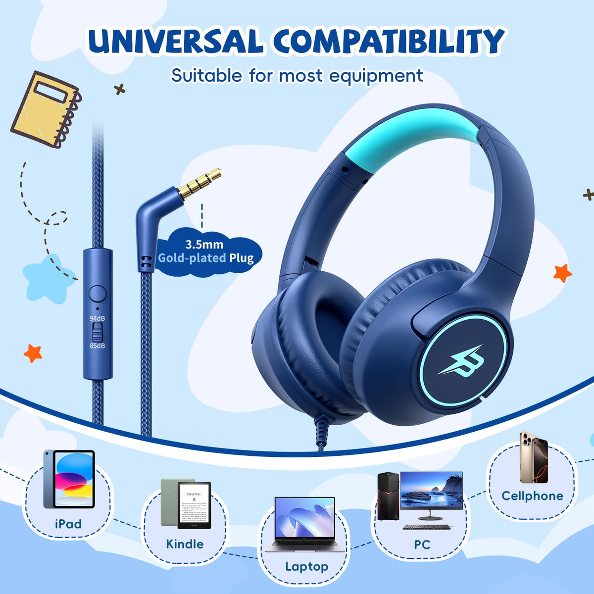 Kids Headphones Wired for School, 3.5mm Safe Volume Limited with Mic, Navy | Plug in Kid headphones with Cord, Over Ear Foldable, 85/94dB for Toddler Boy Girl Classroom Chromebook Tablet Airplane Travel