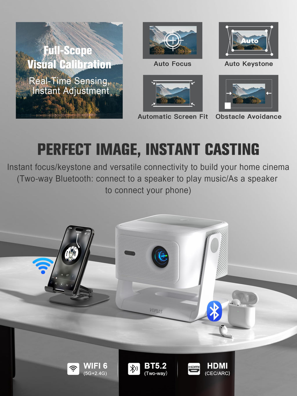 【Official Licensed Google TV】4K Smart Projector with WiFi and Bluetooth, VOPLLS Outdoor Projectors with 50W Dolby/AI Auto Focus, Portable Movie Phone Wireless Gaming Wifi Proyector for Bedroom/Home