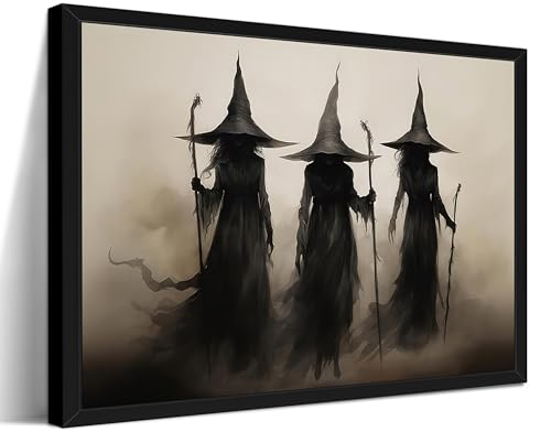 Framed Vintage Witch Canvas Wall Art - Halloween Witchy Wall Decor - Gothic Decor Aesthetics, Creepy Three Witches Rustic Macabre Dark Artwork Prints for Living Room Bedroom 12x16 inch