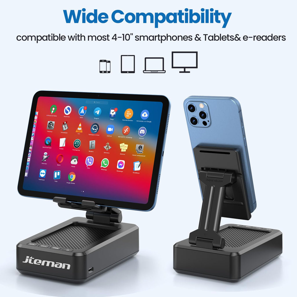 JTEMAN Cell Phone Stand with Bluetooth Speaker,Birthday Gifts for Men Women | Big Sound & Clear Audio,Cool Tech Gadget Wireless Speaker, Unique Ideal Gifts, Foldable Adjustable Phone Stand for Desk
