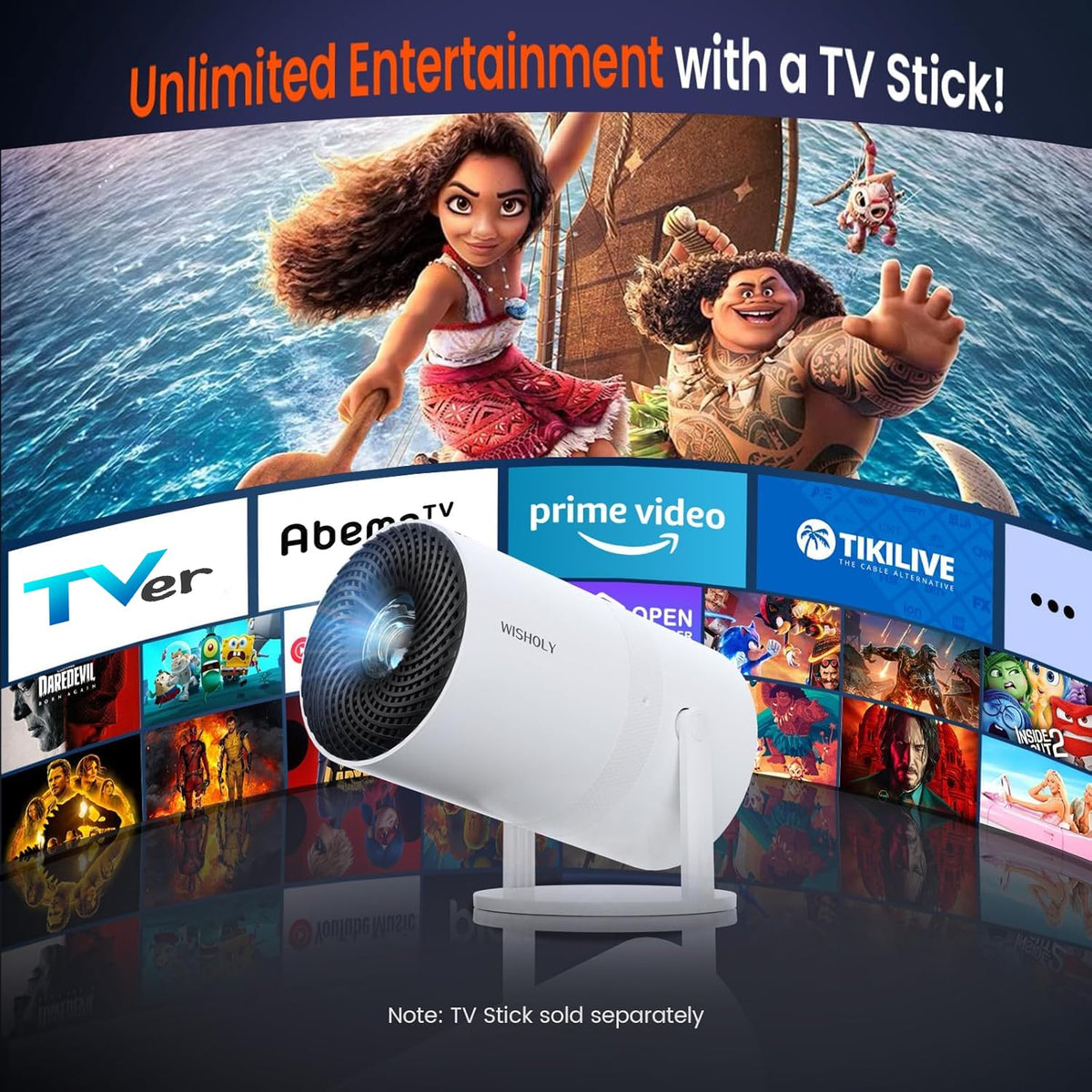 WISHOLY Mini Projector with WiFi and Bluetooth, Portable Movie Projector with 180° Rotatable, 1080P HD Supported, Auto Vertical Keystone, Compatible with Smartphone, TV Stick, Laptop, HDMI, USB