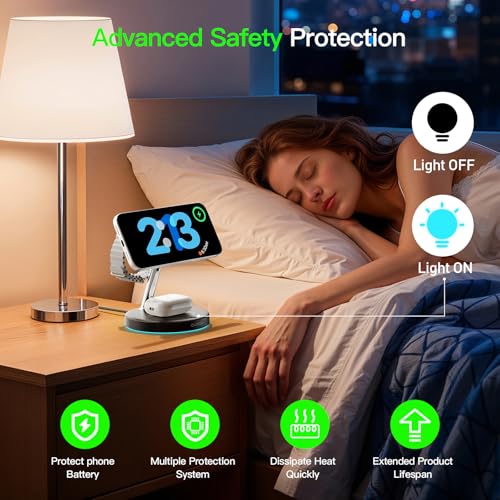 3 in 1 Mag-Safe Wireless Charger Stand for iPhone Apple Watch AirPods | Adjustable Blue Ambient Light,15W Magnetic Charging Station for iPhone 17 16 15 14 13 12 Series wireless charging station