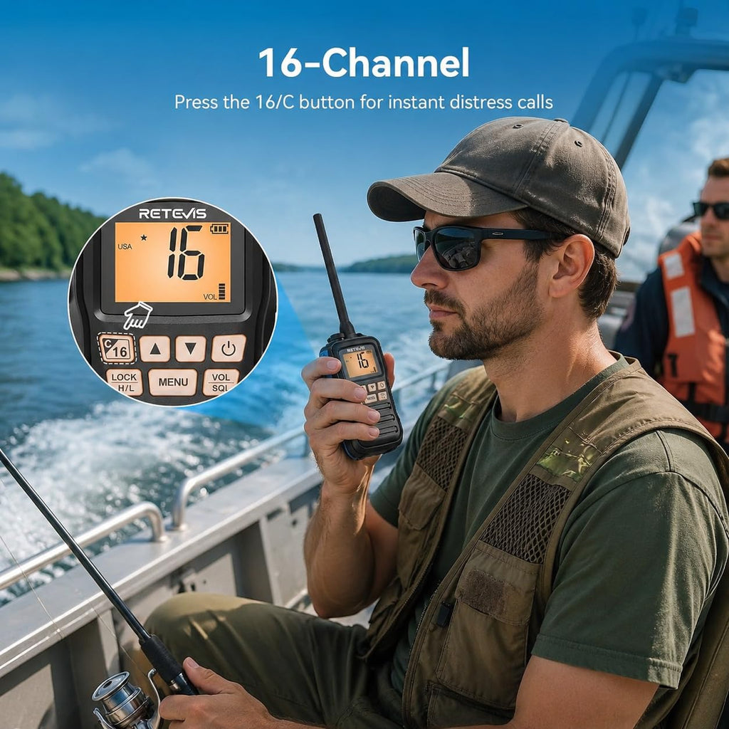 Retevis RM01P 3.5W Marine Radio VHF IP67 Floating, USB-C for Fishing(1Pack) | Hunting&Fishing, Floating, Car Charger, 15-Hour Battery, Portable, NOAA Weather Alert, 88 Channel, Vibration Drainage,3-Watch