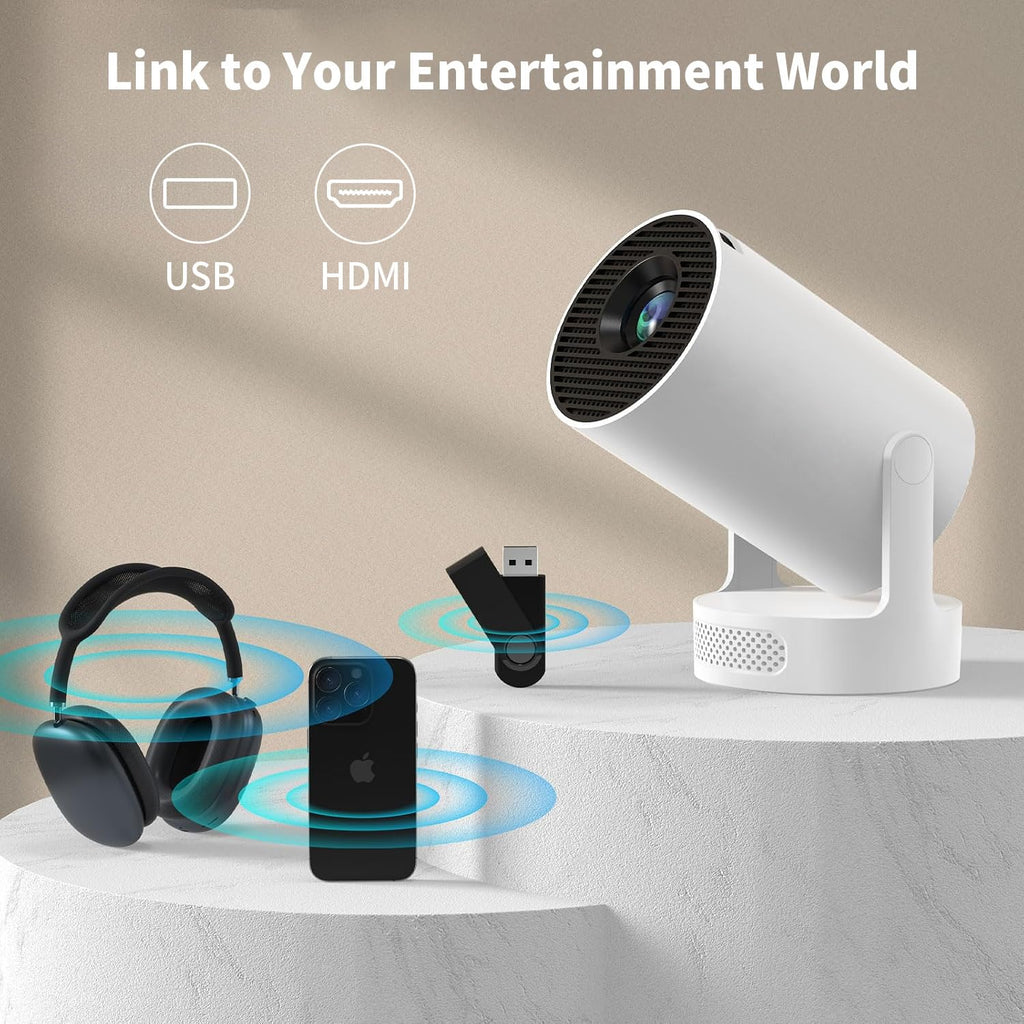 Mini Portable Projector with Bluetooth 5.4 and WiFi 6, 4K Support | HY300 Ultra Projector,220 ANSI,210° Rotation,Auto Keystone Correction,5watt Sound Base Speaker