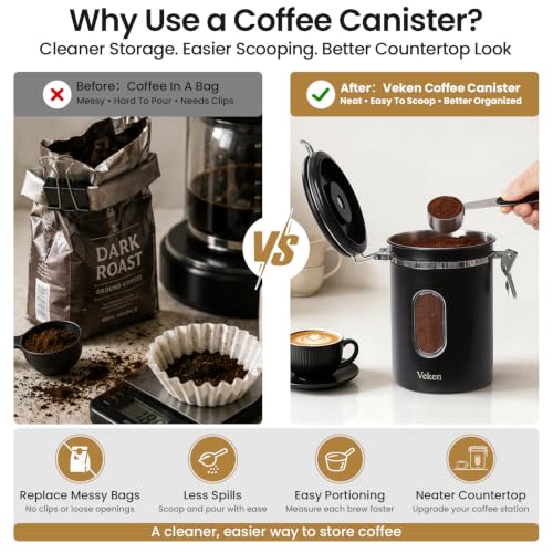 Veken Coffee Canister with Window, Airtight Stainless Steel Container, 22OZ | Kitchen Food Storage Pantry Organizers for Beans,Ground,Espresso,Rice,Tea,Sugar,Bar Accessories,Gifts,Lids,Jars, Scoop, Black