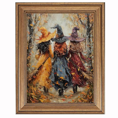 Vintage Halloween Canvas Wall Art, Framed Three Witches Oil Painting Print, Dark Academia Autumn Forest Decor, Retro Gothic Spooky Poster, Rustic Fall Artwork for Living Room, Bedroom, Bathroom, Kitchen (12"L x 9.5"W)