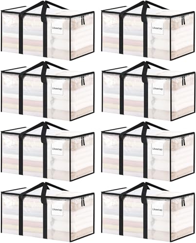 ukeetap 8 Pack Extra Large Clothes Storage Bins with Lids, Clear | Storage Bags with Reinforced Handles & Heavy-Duty Zippers, Moving Bags Boxes Totes for Clothes Packing, Dorms, College
