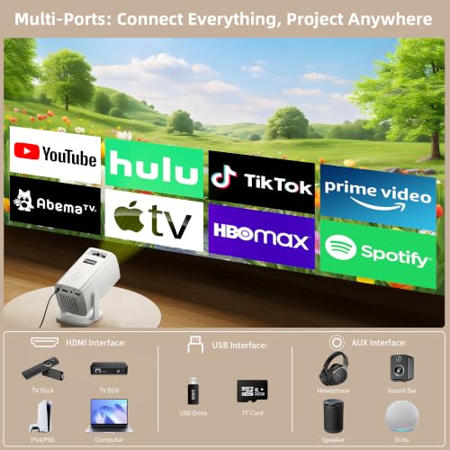 Mini Projector 4K Support, Portable Projector Full HD 1080P Support | Short Throw, 270° Rotation, Outdoor&Indoor, Ceiling Projection, Smartphone, TV Stick, Laptop, HDMI, USB, PS5 Compatible