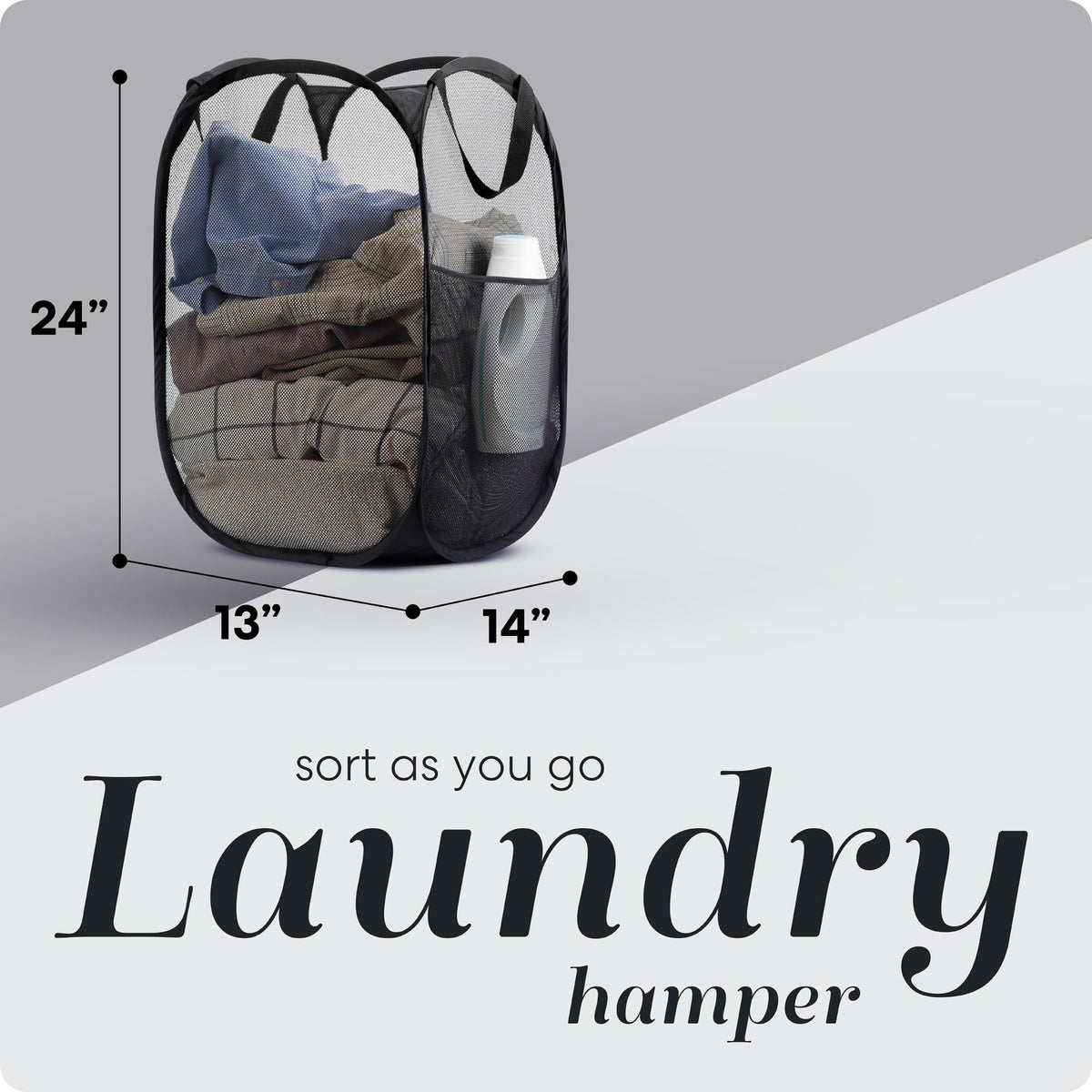 Handy Laundry Mesh Pop-Up Hamper Collapsible with Side Pocket 2-Pack | Breathable foldable design saves space; wide opening makes loading easy. Sturdy build stores clothes neatly. Black.