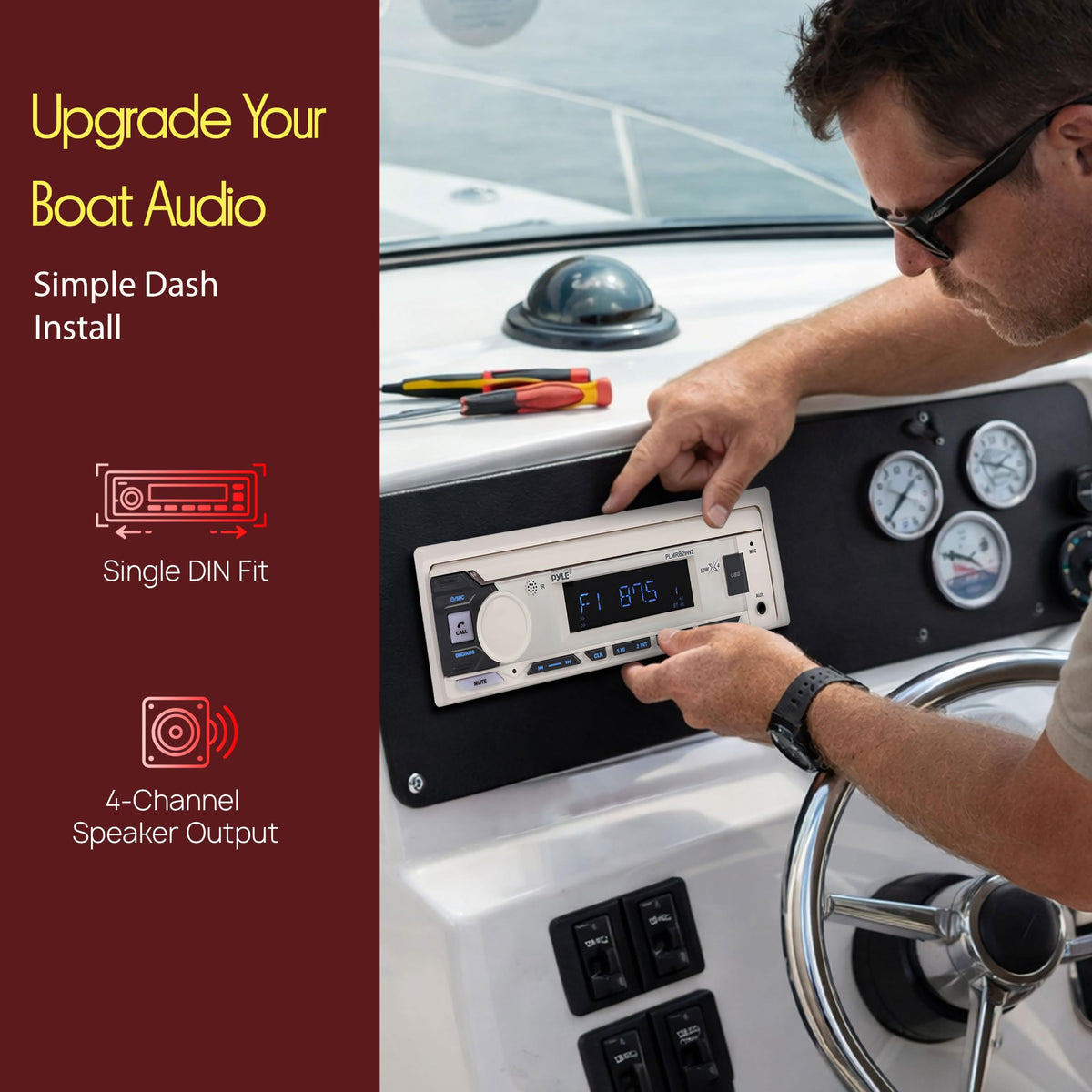Pyle Marine Radio Single DIN Receiver – Bluetooth Wireless Streaming, AM/FM Tuner, USB/AUX MP3 Playback, Hands-Free Calling, Remote Control, RGB Buttons, Splash-Resistant Stereo Upgrade
