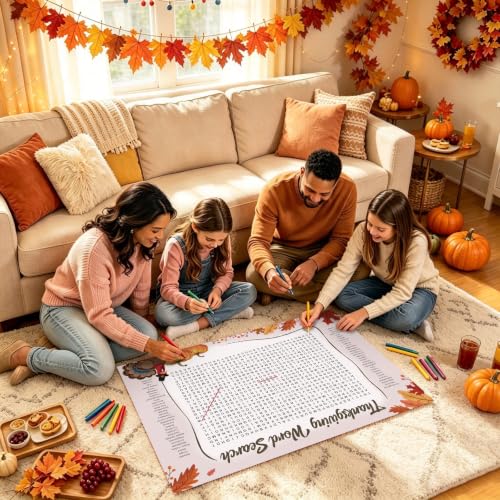 WBCPATY Giant Thanksgiving Word Search Poster, 53" X 36" Jumbo Holiday Word Find Wall Poster, Wall Game with 64 Words for Family Holiday Party Activity