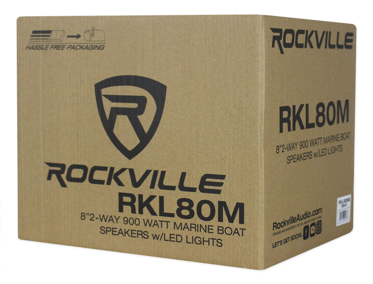 Rockville RKL80MB 8" Black 2-Way Marine Boat LED Speakers Pair | 900W Peak / 200W RMS, 4 Ohm, IP66 Waterproof, Red/Blue Beat-Sync LEDs, 40Hz-20kHz, Includes 16.4 Ft Wire and Grilles