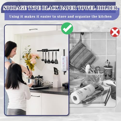 Black Paper Towel Holder, Self Adhesive Paper Towel Holder Under Cabinet | Stainless Steel, kitchen, Bathroom, Sink, Pantry, Fridge, durable, scratch-resistant, cling film, foil rolls, Drilling