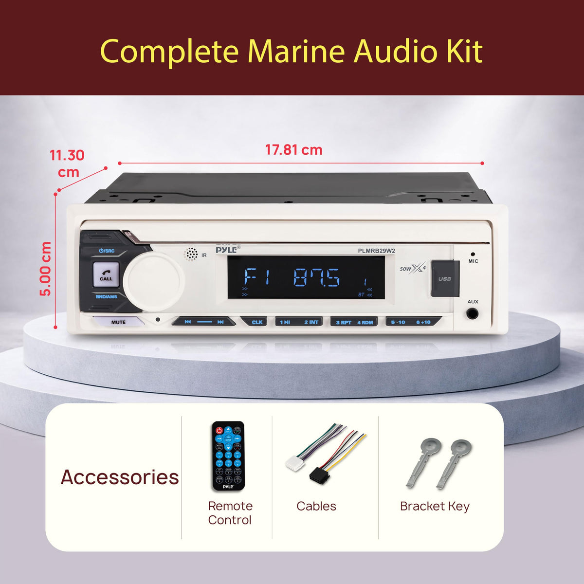 Pyle Marine Radio Single DIN Receiver – Bluetooth Wireless Streaming, AM/FM Tuner, USB/AUX MP3 Playback, Hands-Free Calling, Remote Control, RGB Buttons, Splash-Resistant Stereo Upgrade