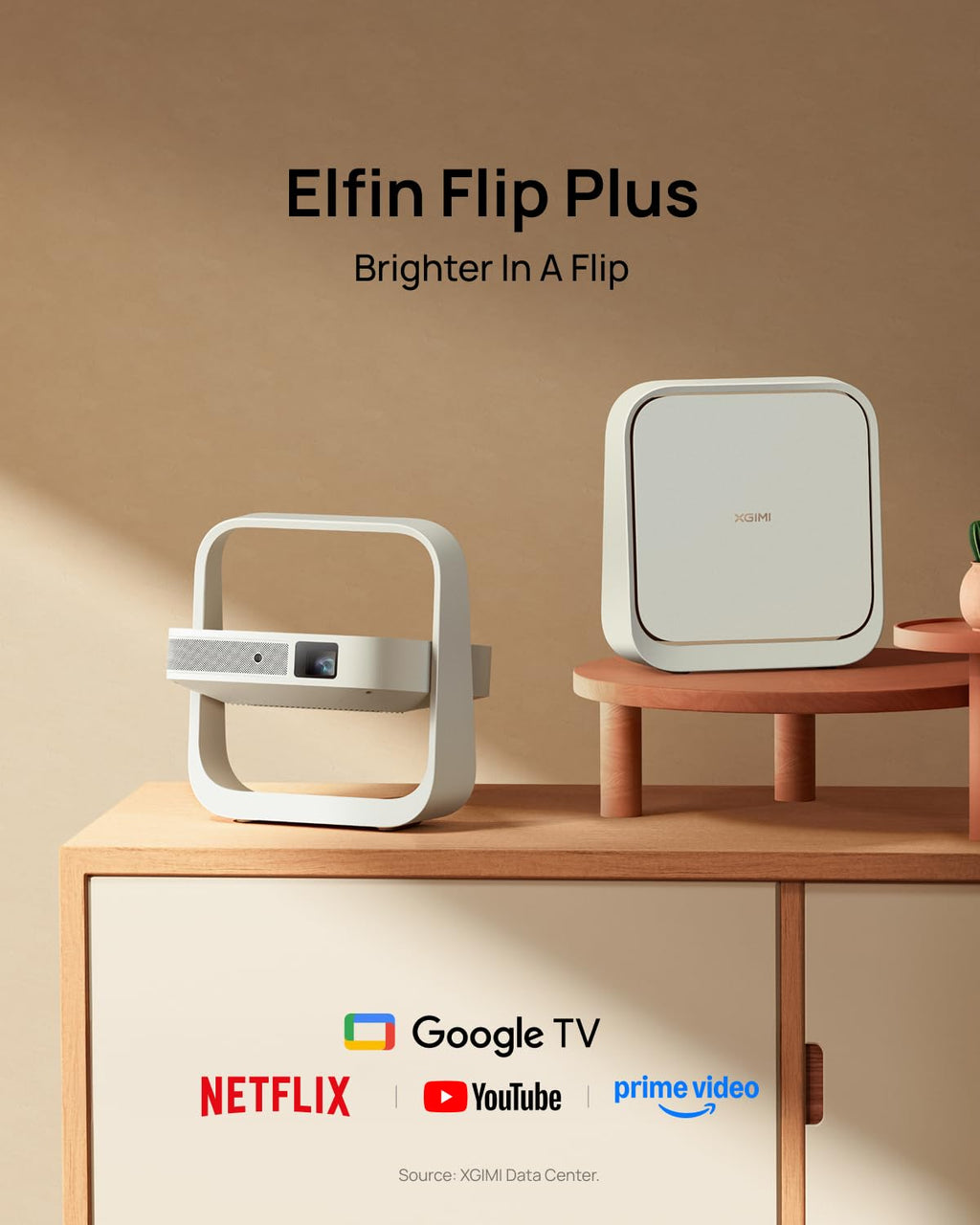 XGIMI Elfin Flip Plus Portable Projector, 500 ISO Lumens, Adjustable Stand | Google TV with Licensed Netflix, 1080P Resolution Home Projector, Lightweight and Compact Design, Screen Adaption