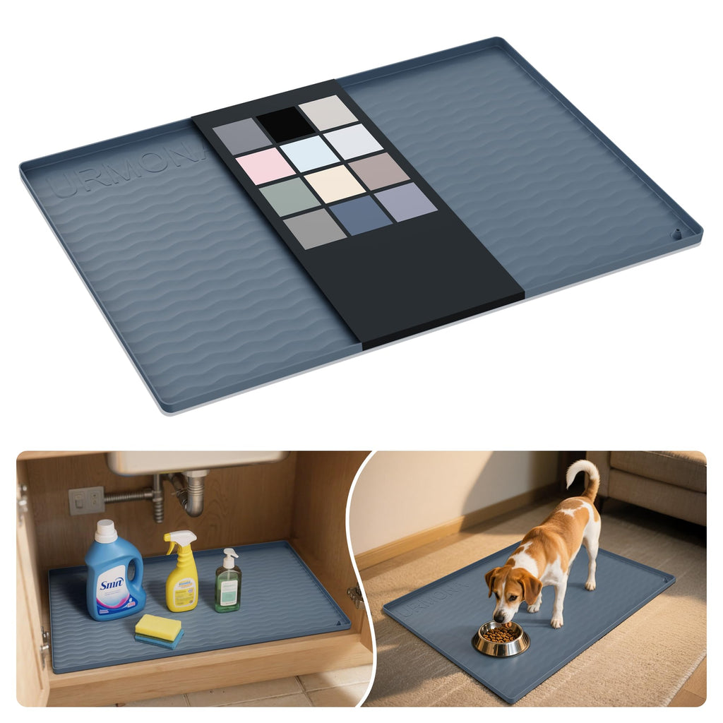 URMONA Waterproof Silicone Under Sink Mat, 31 x 22 in, Flexible Shelf Liner | Dark Grey, Pet Food Mat for Dog Bowls, Cat Litter Mat, Cabinet and Counter Protector for Kitchen and Bathroom, Easy to Clean.