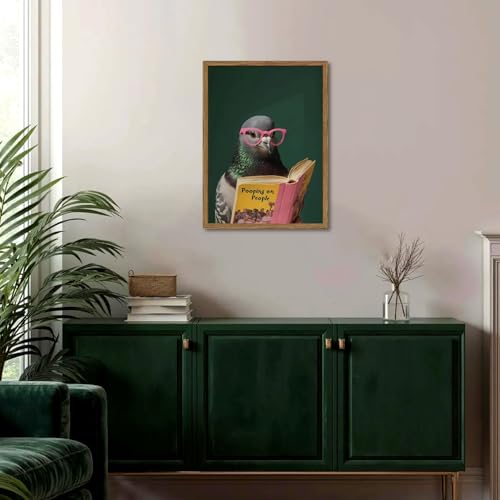 Framed Funny Pigeon Wall Art, Humorous Bird Reading Wall Decor Paintings, Pooping on People Book Pictures Canvas Print Eclectic Home Decor for Bathroom Living Room Office Dorm 12x16 inch