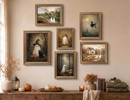 Wemandh Framed Halloween Decorations Fall Decor Wall Art, Rustic Landscape Wall Decor, Cute Ghost Decor Wall Art, Aesthetic Halloween Wall Decor (9.5''x12'')