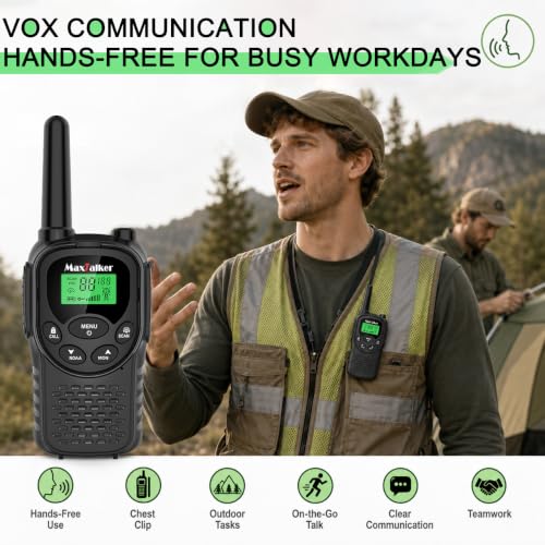 Walkie Talkies Long Range for Adults, Rechargeable FRS Two-Way Radio, 2Pack | NOAA weather alert. 1200mAh Li‑ion battery supports USB‑C charging. LED flashlight and VOX hands‑free function for Outdoors.