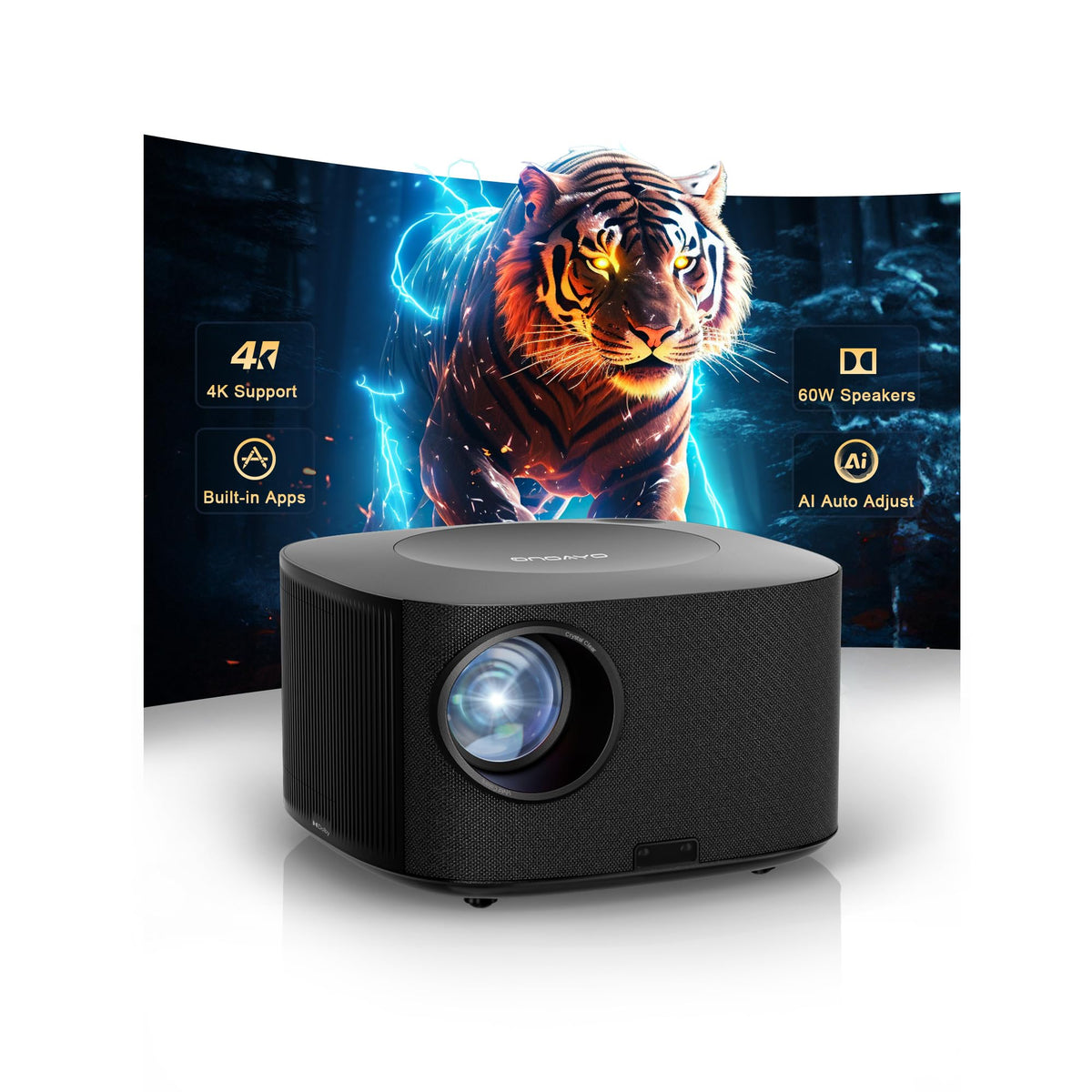 Outdoor-Projector-4K with WiFi and Bluetooth: [High Bright/60W Dolby Audio/Official Licensed Apps], Smart-Projector with AI Auto Focus, ONOAYO ONO5Pro 2.0 Movie Projector for Bedroom/Outdoor Use