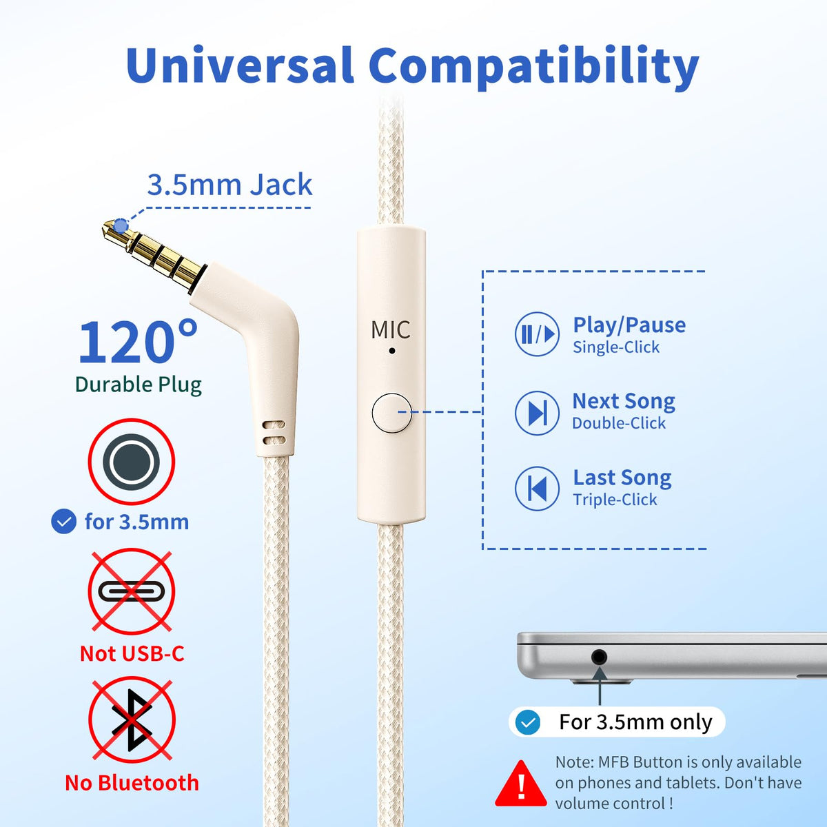 Wired Headphones with Microphone for School, 3.5mm Corded Headphones, Beige | Wired Over Ear Foldable Plug in Headphones, 4.9ft Tangle-Free Nylon Cord for School, Tablet, Laptop, MP3/4, Airplane Travel