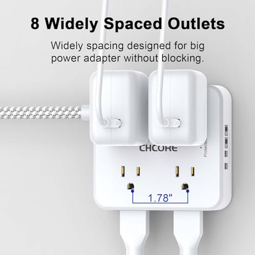 Surge Protector Power Strip - CHCORE 5Ft Braided Extension Cord with 8 Outlets with 4 USB (2 USB C) Charging Ports, Flat Plug Multi Plug Outlet Extender Charging Station for Home Office, ETL, White