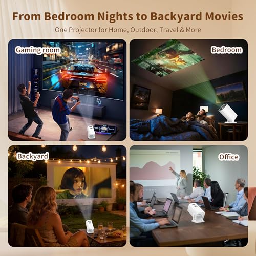 Mini Projector with 4K Support, Portable Short Throw Proyector | Electric Focus&Keystone, 270° Rotatable Stand, Compatible with TV Stick, Phone & Laptop, Holiday Gift Idea