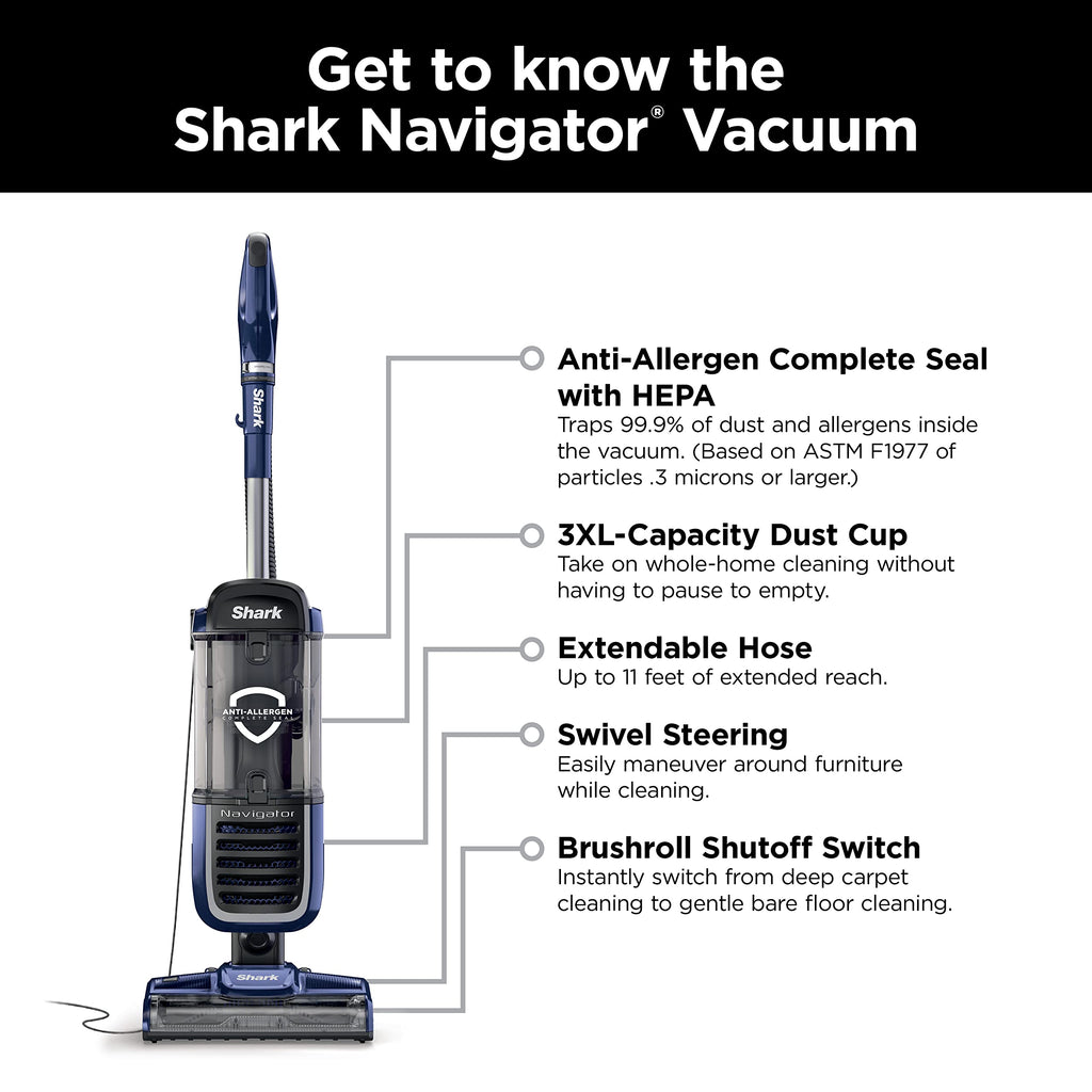 Shark Navigator Swivel Pro Upright Vacuum, HEPA, Pet Hair, Navy, NV151 | Swivel Steering, Powerful Suction, Lightweight Design, 11-Ft Reach, Crevice Tool, Upholstery Tool and Pet Power Brush