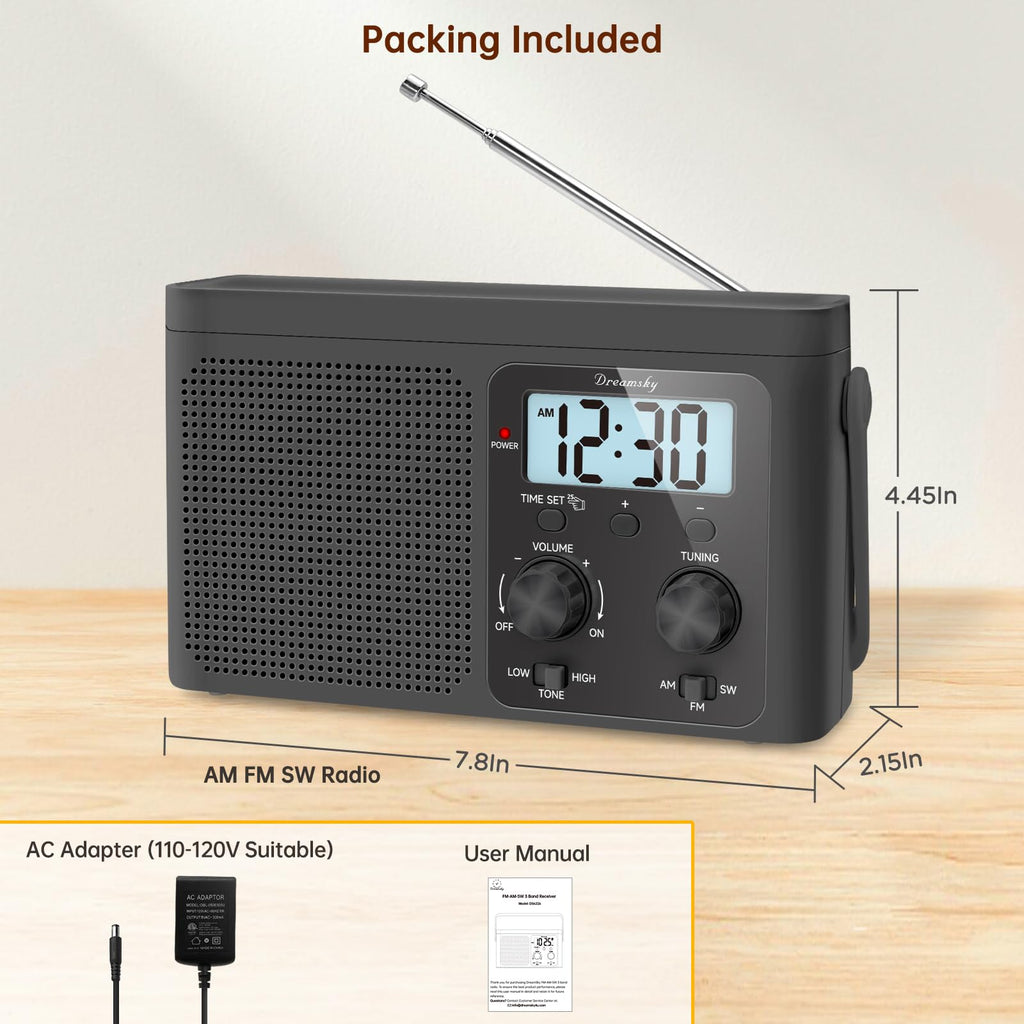 DreamSky AM FM Radio Portable Shortwave Radio Battery Powered/Plug in Wall | for Home Outdoor, Strong Reception, Large Dial Easy to Use, Digital Time Display, Transistor Antenna, Seniors Small Gift