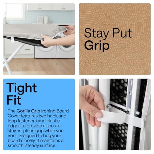 GORILLA GRIP Padded Ironing Board Cover, 15x54 Silver | Silicone Coating, 400°F Scorch and Stain Resistant, Fits Over Standard Size Board, Heavy Duty Hook and Loop Fastener Strap